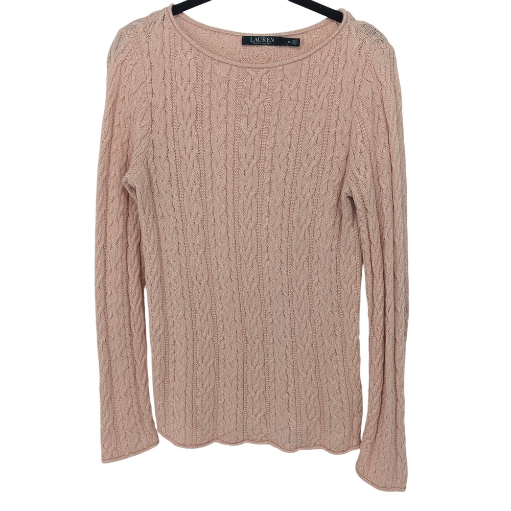 Lauren Ralph Lauren Cable Knit Sweater Womens Medium Pink Cotton‎ Preppy Casual